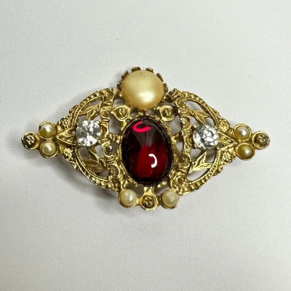 Vintage Red Gem Pearl Brooch Victorian Style Pin Gold Filigree with Crystals